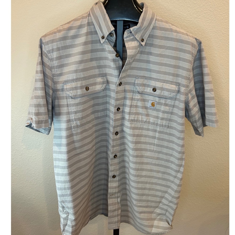 Carhartt Mens Loose Fit Striped Short Sleeve Button Down Shirt Grey Large Tall